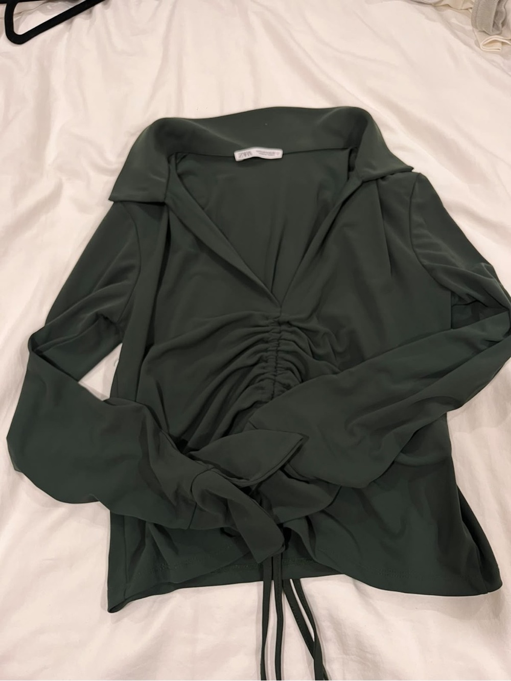 Zara Forest Green Ruched V-Neck Long Sleeve Top size S